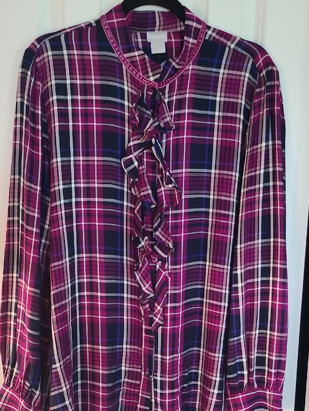 Chico's Magenta and Navy Plaid Ruffle-Neck Blouse